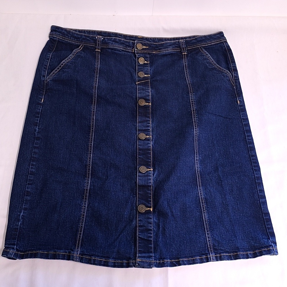 CJ Banks Denim Skirt Womens 20W Dark Wash Button Front A-Line Stretch Midi